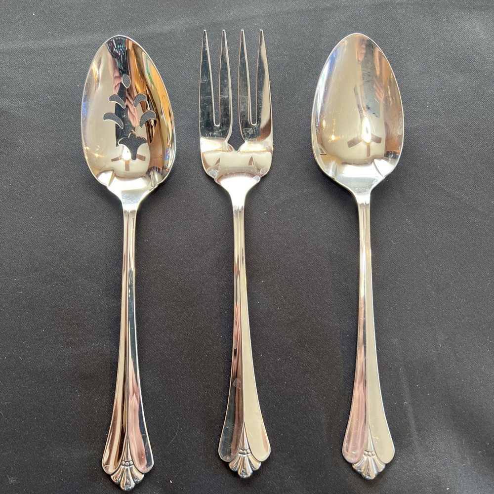 3- Vintage Oneida Community ROYAL FLUTE Serving Pieces Meat Fork Spoons /Slotted